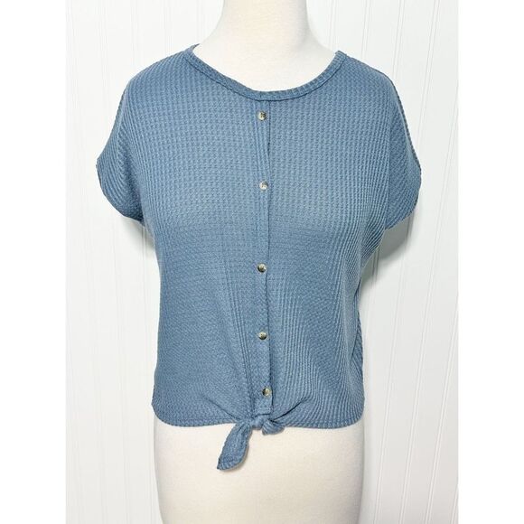 Crown of Hearts Women's Salina Tie Front Button-Down Waffle Knit Top Blue Large - Picture 1 of 11